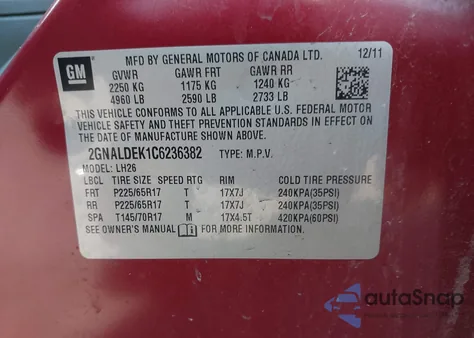 2012 Chevrolet Equinox 1Lt from USA, damaged, VIN 2GNALDEK1C6236382